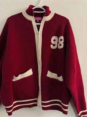 Edikted Burgundy and Cream Zip-Up Varsity Cardigan